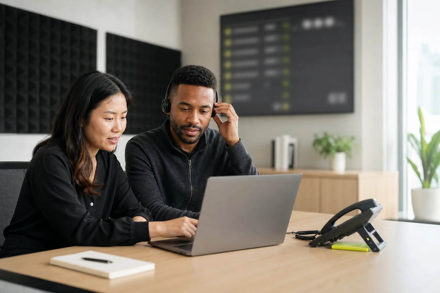 Two VoiceLine language operations specialists coordinating a client request