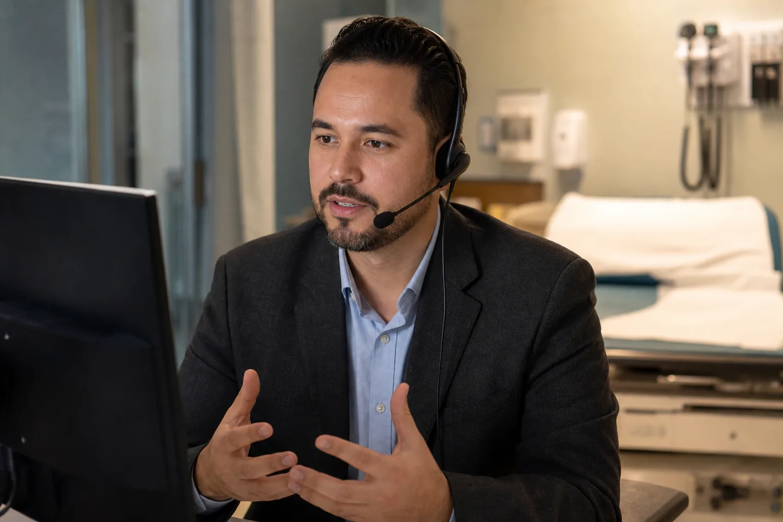 Spanish interpreter on a headset covering a live phone session