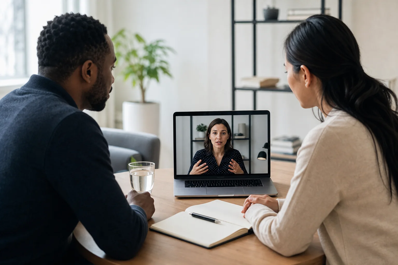 A professional interpreter facilitating a clear three-way remote conversation